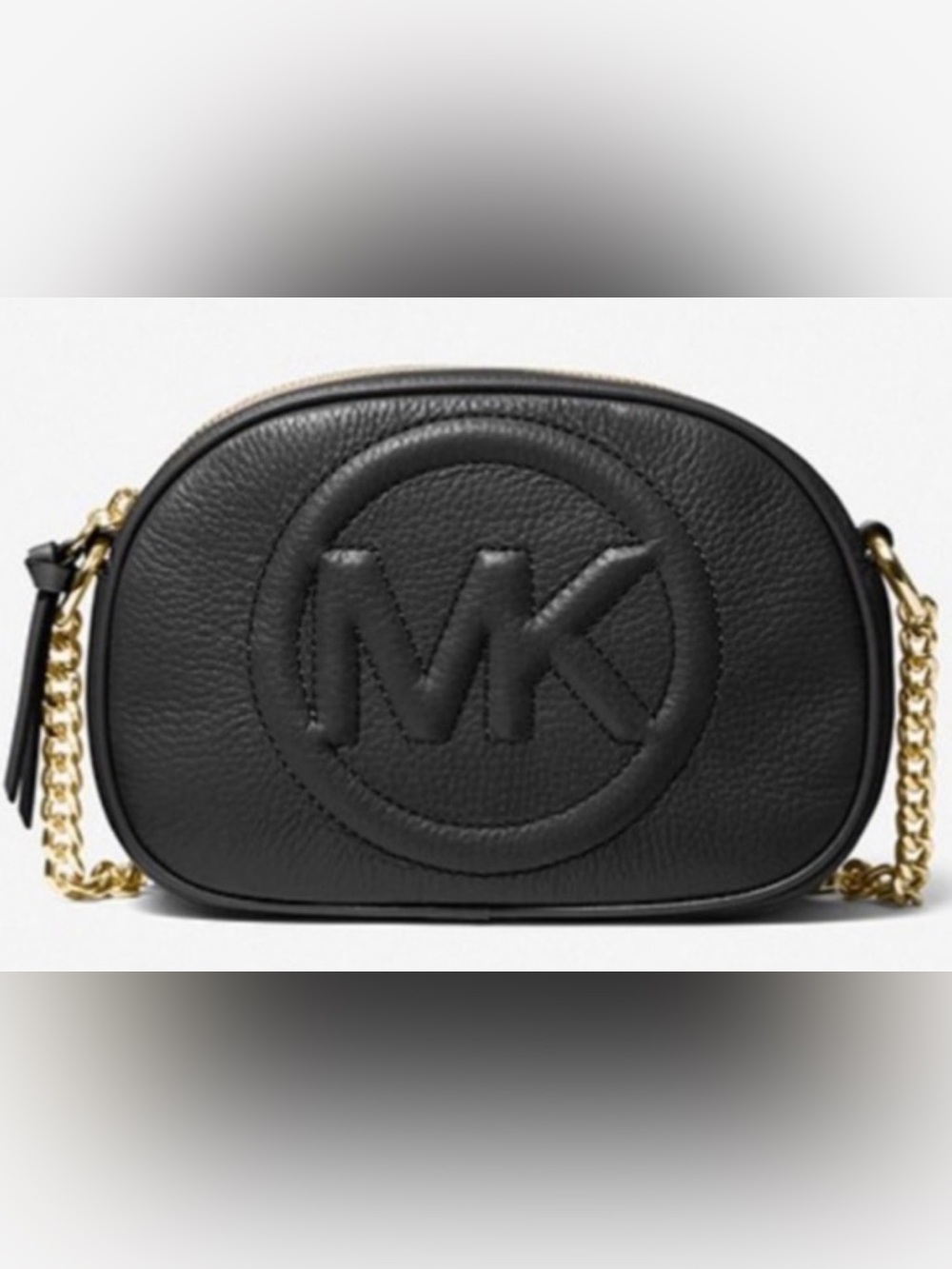 Michael Kors Black Pebbled Leather Oval Crossbody with Embossed MK Logo